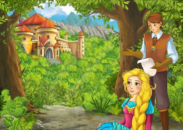 Tecknad natur scen med vackra slott med prins och prink — Stockfoto