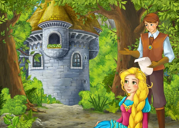 Dessin animé scène de nature avec beau château avec prince et princ — Photo