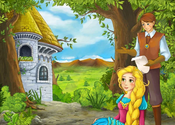 Kreskówka natura scena z pięknym zamku z księciem i księciem — Zdjęcie stockowe