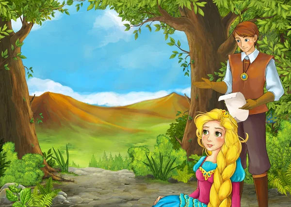 Cartoon summer scene with meadow valley with prince and princess — 스톡 사진