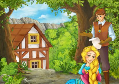 Prensle çiftliğe giden patikalı karikatür yaz sahnesi