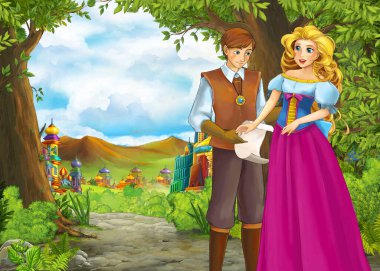 Prince ve Princ ile güzel kaleli karikatür doğa sahnesi