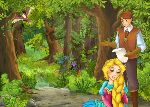 Cartoon summer scene with meadow in the forest with prince and p — Stock Photo, Image
