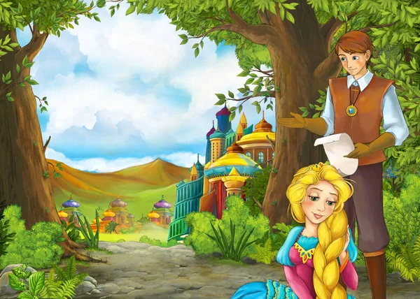 Cartoon nature scene with beautiful castle with prince and princ — Stock Photo, Image