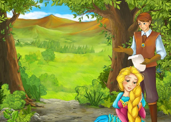 Cartoon summer scene with meadow in the forest with prince and p — 스톡 사진