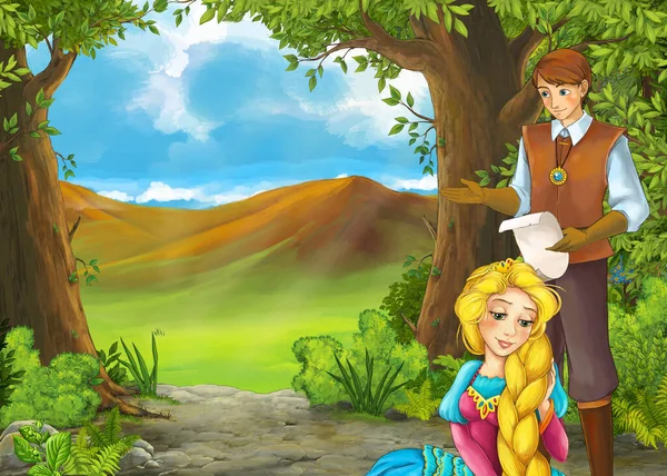 Cartoon summer scene with meadow in the forest with prince and p — Stock Photo, Image