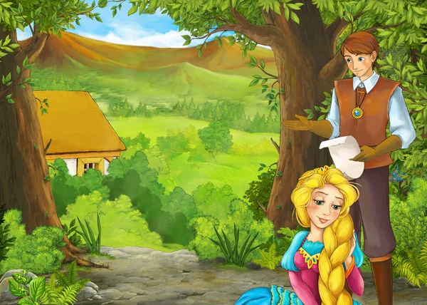 Escena de verano de dibujos animados con camino a la aldea de la granja con el príncipe a — Foto de Stock
