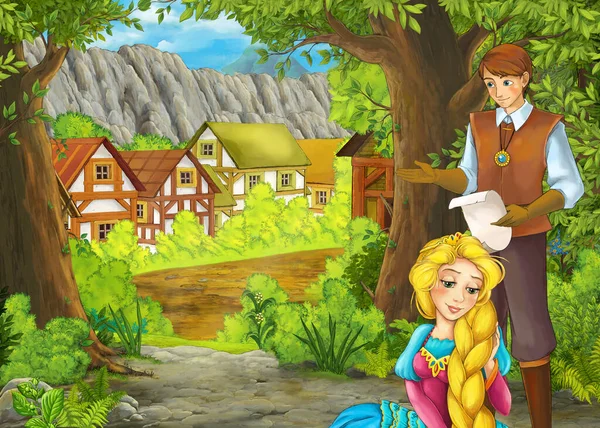 Cartoni animati scena estiva con percorso al villaggio fattoria con principe a — Foto Stock