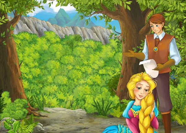 Desenho animado cena de verão com prado na floresta com príncipe e p — Fotografia de Stock