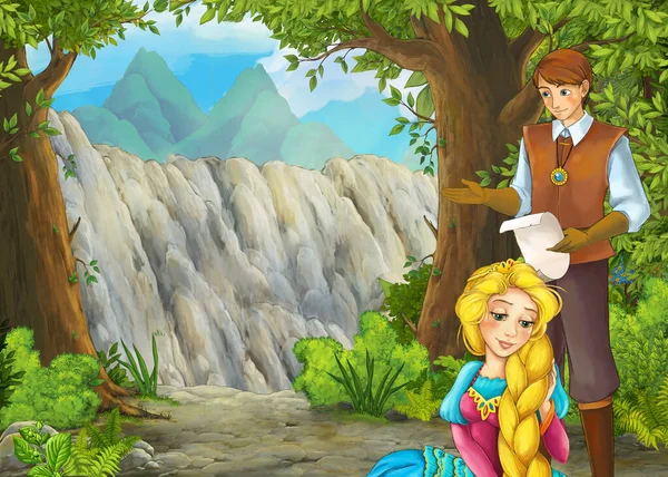 Escena de dibujos animados con montañas valle cerca del bosque con príncipe —  Fotos de Stock