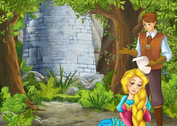 Cartoon nature scene with beautiful castle with prince and princ — 스톡 사진