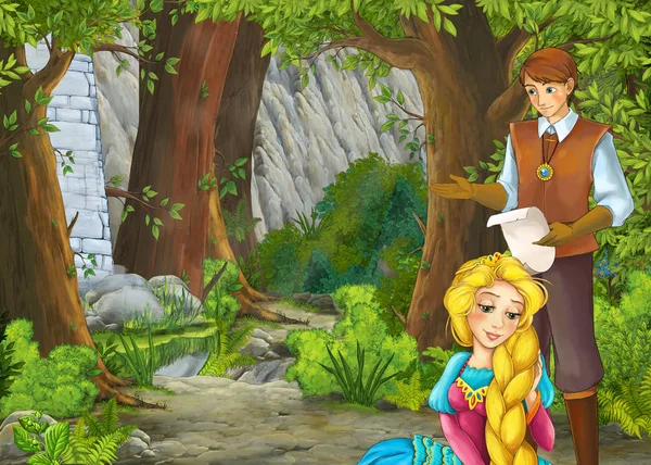 Cartoon natuur scène met mooi kasteel met prins en princ — Stockfoto
