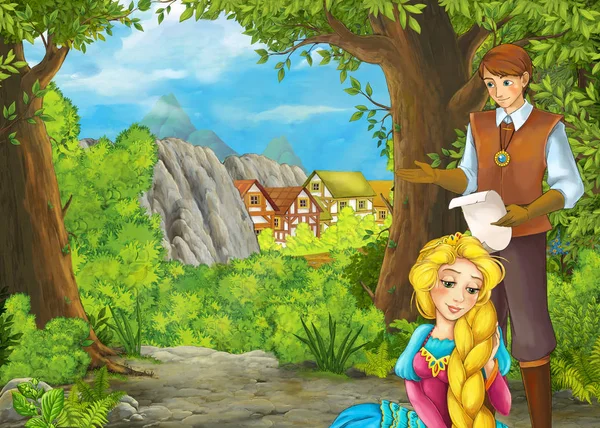 Escena de verano de dibujos animados con camino a la aldea de la granja con el príncipe a — Foto de Stock