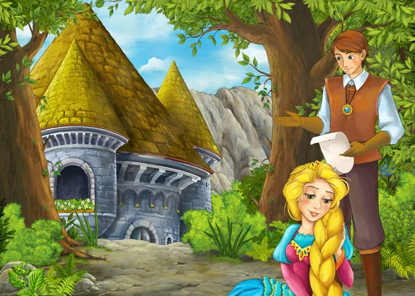 Dessin animé scène de nature avec beau château avec prince et princ — Photo