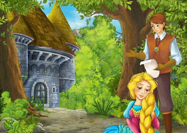 Dessin animé scène de nature avec beau château avec prince et princ — Photo