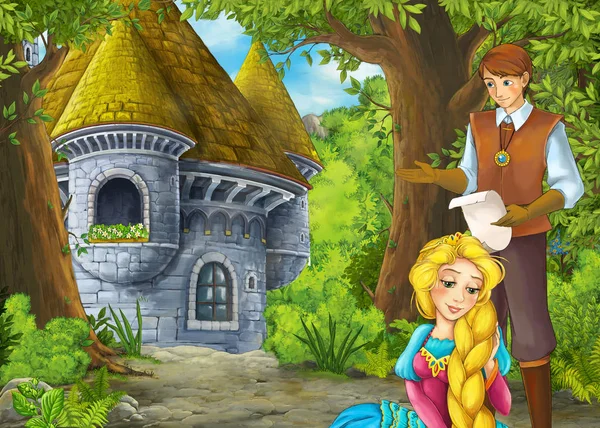 Dessin animé scène de nature avec beau château avec prince et princ — Photo