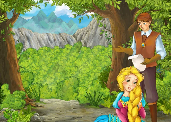 राजकुमार और पी के साथ जंगल में घास के साथ कार्टून ग्रीष्मकालीन दृश्य — स्टॉक फ़ोटो, इमेज