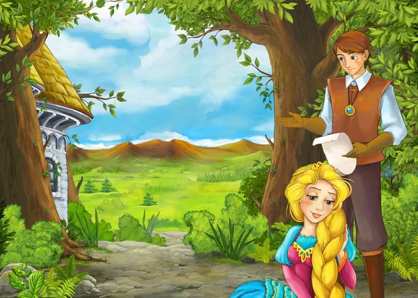 Cartoon nature scene with beautiful castle with prince and princ — Stock Photo, Image