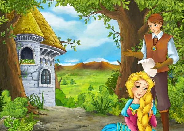 Dessin animé scène de nature avec beau château avec prince et princ — Photo