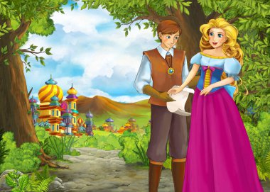 Prince ve Princ ile güzel kaleli karikatür doğa sahnesi