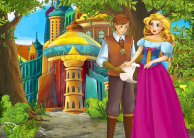 Prince ve Princ ile güzel kaleli karikatür doğa sahnesi