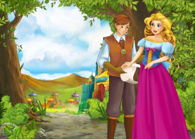 Prince ve Princ ile güzel kaleli karikatür doğa sahnesi