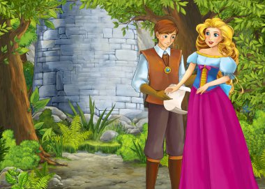 Prince ve Princ ile güzel kaleli karikatür doğa sahnesi