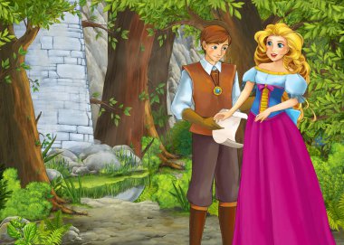 Prince ve Princ ile güzel kaleli karikatür doğa sahnesi