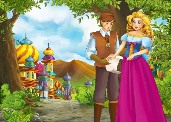有王子和王子的漂亮城堡的卡通自然场景 — 图库照片