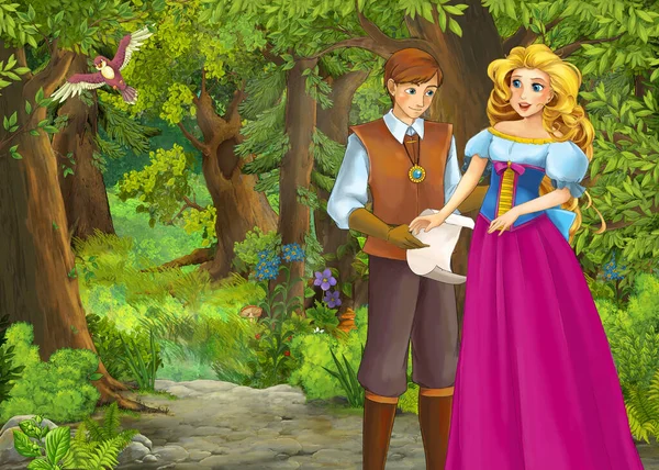 Escena de verano de dibujos animados con prado en el bosque con el príncipe y la princesa ilustración para niños — Foto de Stock