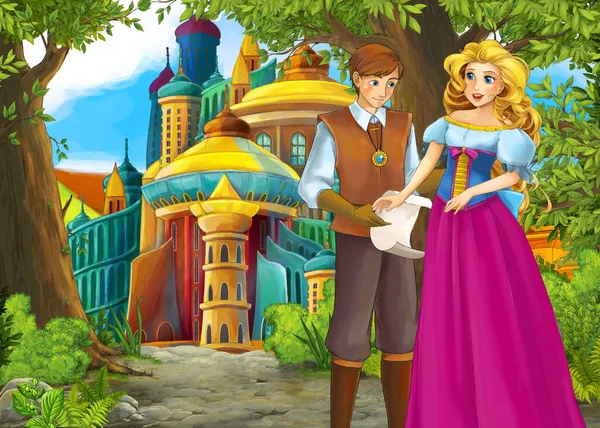 Cartoon-Natur-Szene mit wunderschönem Schloss mit Prinz und Prinzen — Stockfoto