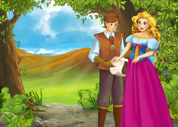 卡通片的夏季场景，森林中的草地上有王子和王子 — 图库照片