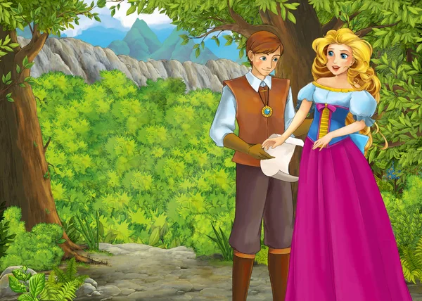 Cartoon-Sommerszene mit Wiese im Wald mit Prinz und P — Stockfoto