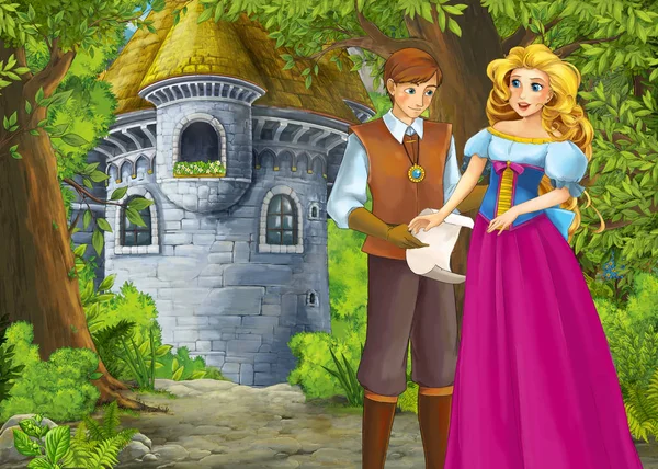 Dessin animé scène de nature avec beau château avec prince et princ — Photo