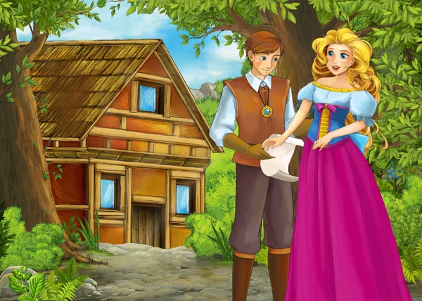 Cartoon-Sommerszene mit Pfad zum Bauerndorf mit Prinz a — Stockfoto