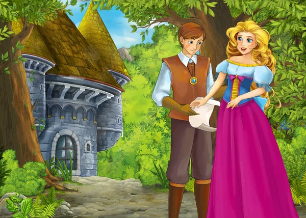 Scena di natura dei cartoni animati con bellissimo castello con principe e princ — Foto Stock