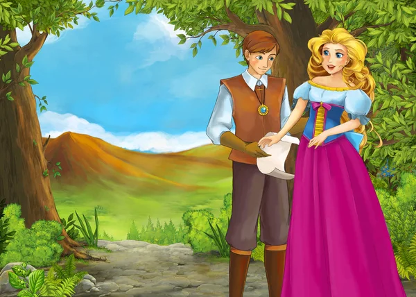 Kreslené letní scéna s loukou údolí s princem a princeznou — Stock fotografie
