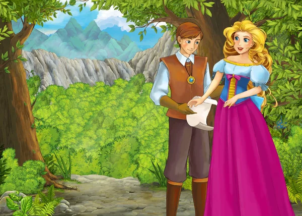 Cartoon zomer scene met weide in het bos met prins en p — Stockfoto