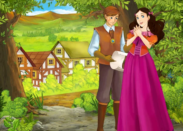 Cartoon summer scene with path to the farm village with prince a — Stock Photo, Image