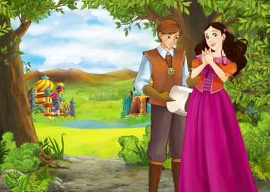 Prince ve Princ ile güzel kaleli karikatür doğa sahnesi