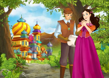 Prince ve Princ ile güzel kaleli karikatür doğa sahnesi