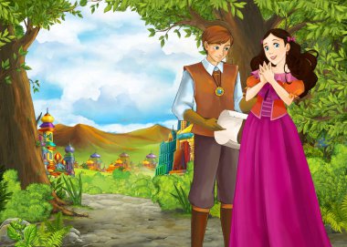 Prince ve Princ ile güzel kaleli karikatür doğa sahnesi