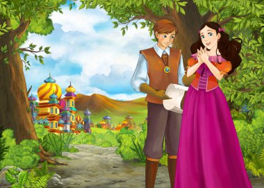 Prince ve Princ ile güzel kaleli karikatür doğa sahnesi