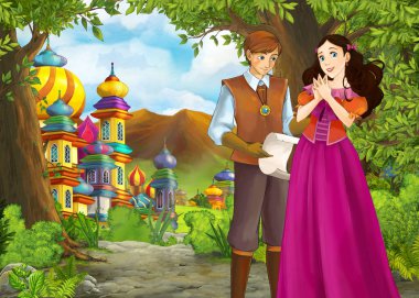 Prince ve Princ ile güzel kaleli karikatür doğa sahnesi