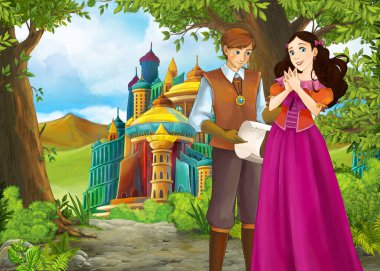 Prince ve Princ ile güzel kaleli karikatür doğa sahnesi