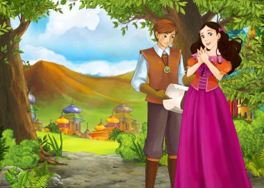 Prince ve Princ ile güzel kaleli karikatür doğa sahnesi