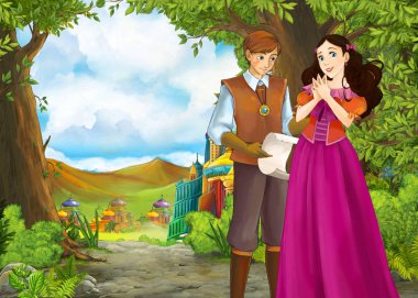 Prince ve Princ ile güzel kaleli karikatür doğa sahnesi