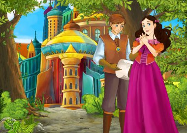 Prince ve Princ ile güzel kaleli karikatür doğa sahnesi