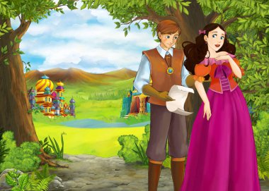 Prince ve Princ ile güzel kaleli karikatür doğa sahnesi