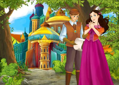 Prince ve Princ ile güzel kaleli karikatür doğa sahnesi